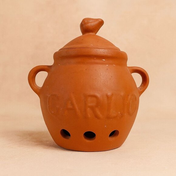 Terracotta Garlic Keeper Jar with Lid Kitchen Storage Pot Rustic Kitchen Decor - Picture 2 of 12